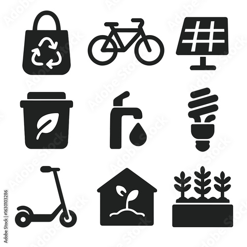 Sustainable Living Icons. Solid, filled icons set of Sustainable living and climate action: reusable bag, bike