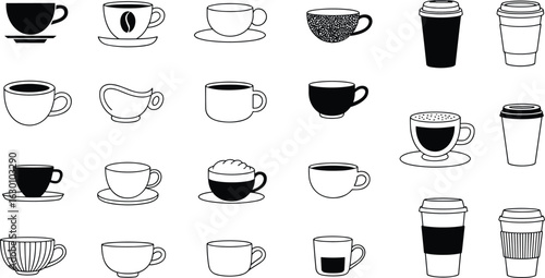 Collection of coffee cup illustrations, hand drawn mugs, takeaway coffee cups, black and white vector icons for cafe and beverage design.eps