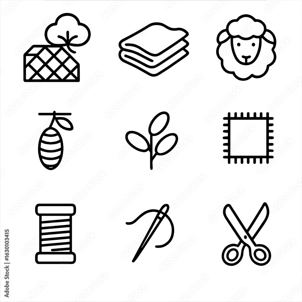 Fototapeta premium Quilt Material Icons. Outline icon set of quilt materials: cotton fabric, batting, wool, silk, polyester, linen, thread spool,