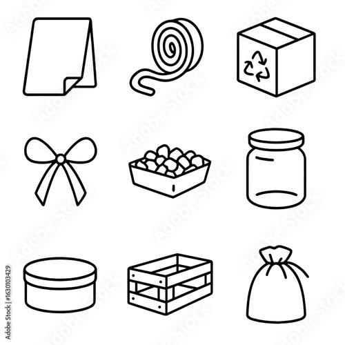 Sustainable Packaging Icons. Outline icon set of sustainable packaging: kraft paper, jute twine, recycled box,