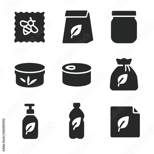 Sustainable Packaging Icons. Solid, filled icons set of sustainable packaging alternatives: biodegradable wrap