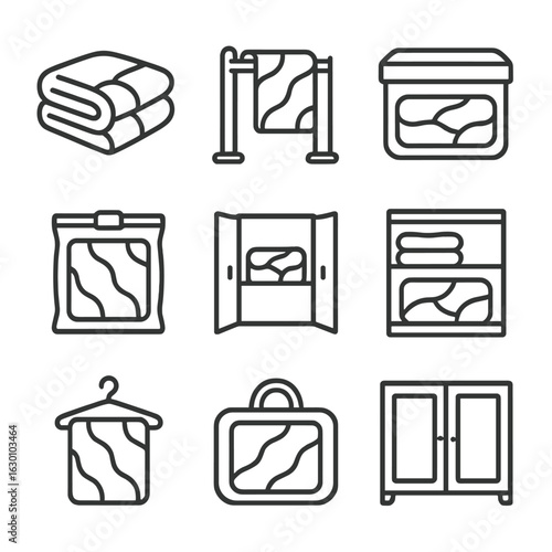 Quilt Storage Icons. Outline icon set of quilt storage: folded quilt, quilt rack, storage box, vacuum bag, closet, shelf, hanging