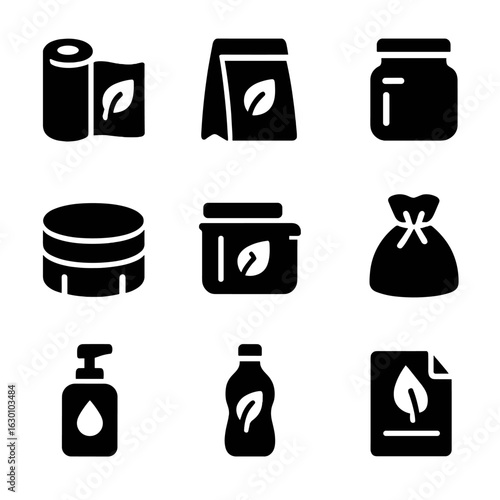 Sustainable Packaging Icons. Solid, filled icons set of sustainable packaging alternatives: biodegradable wrap