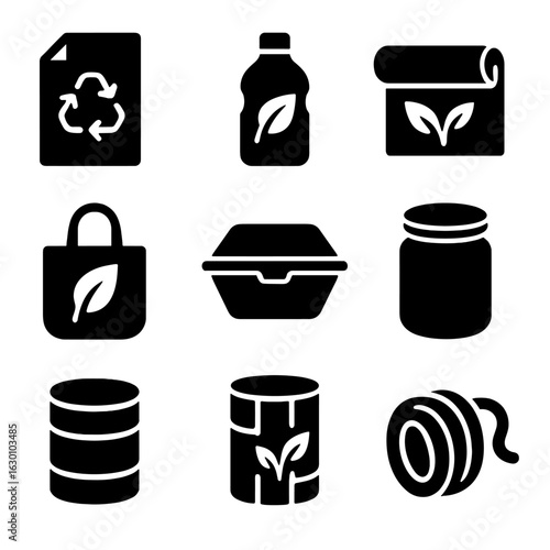 Sustainable Packaging Icons. Solid, filled icons set of sustainable packaging materials: recycled paper,