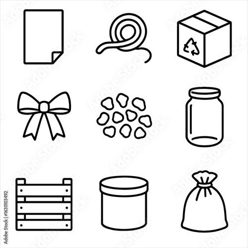 Sustainable Packaging Icons. Outline icon set of sustainable packaging: kraft paper, jute twine, recycled box,