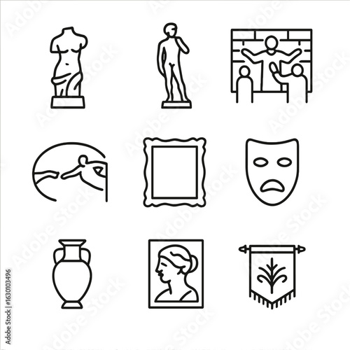 Famous Art Icon Set. Outline icon set of famous art objects: sculpture, statue, mural, fresco, painting frame, mask, vase, relief,