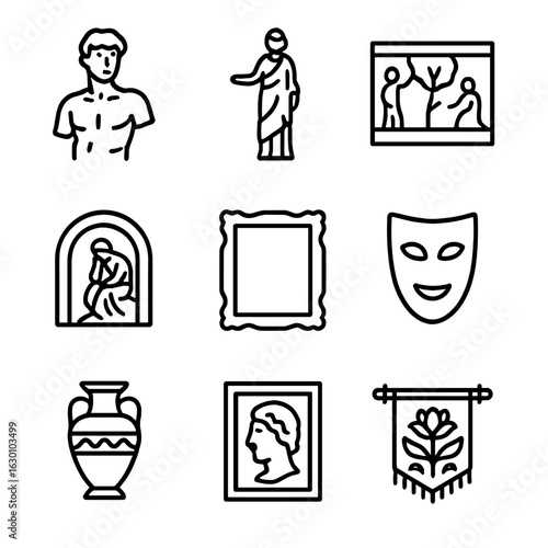 Famous Art Icon Set. Outline icon set of famous art objects: sculpture, statue, mural, fresco, painting frame, mask, vase, relief,