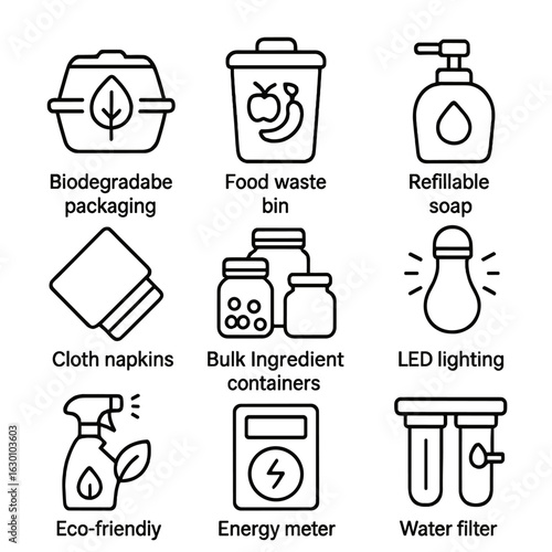 Sustainable Restaurant Icons. Outline icon set of sustainable restaurant practices: biodegradable packaging,