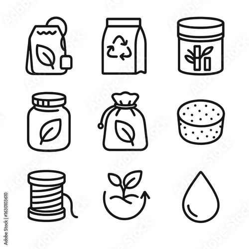 Sustainable Tea Packaging Icons. Outline icon set of sustainable tea packaging materials: biodegradable bag,