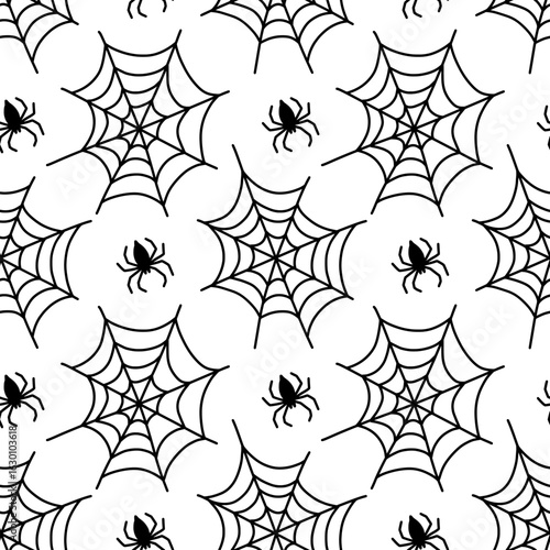 Seamless pattern of black spiderwebs with small spiders scattered on white background. Classic spooky Halloween or creepy crawly themed design. Vector Helloween wallpaper with cobwebs and spiders.