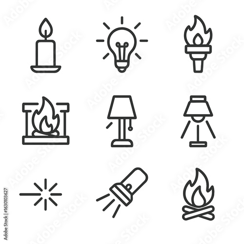 Radiating Heat Icons. Outline icon set of radiate heat and light sources: candle flame, light bulb rays, torch glow, fireplace
