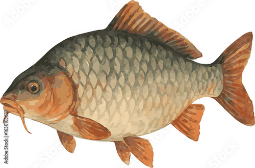 Vector watercolor realistic illustration of a carp fish