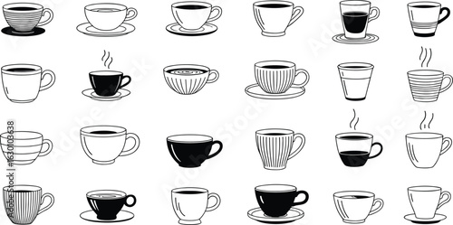  Set of hand drawn coffee cups, mugs, and espresso cups, black and white sketch icons for cafe menu.eps