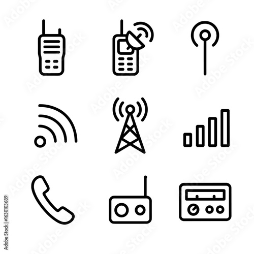 Radio Communication Icons. Outline icon set of radio communication: walkie-talkie, satellite phone, antenna, radio waves,