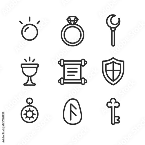 Fantasy Relics Icons. Outline icon set of fantasy relics: glowing orb, enchanted ring, ancient staff, chalice of light, sacred