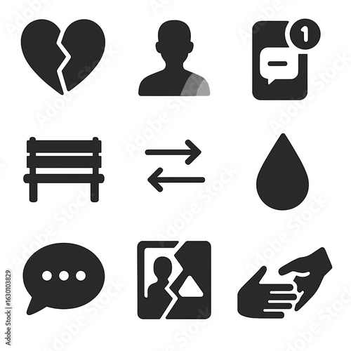Symbols of Fading Friendship. Solid, filled icons set of the sadness of witnessing a friendship fade: broken