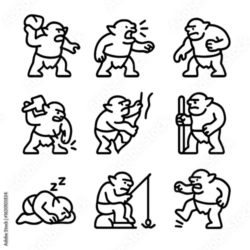Fantasy Icon Tri-Set. Outline icon set of dwarf fantasy elements: dragon, magic stone, enchanted axe, mysterious rune, treasure