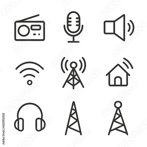 Radio Icon Set. Outline icon set of radio broadcast: radio, microphone, speaker, antenna, radio waves, broadcast tower, signal