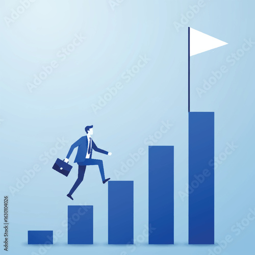 Businessman climbing a bar chart toward a goal flag, a concept of career growth and success.