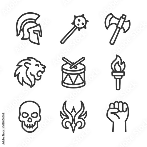 Rage Symbol Icons. Outline icon set of rage symbols in culture: warrior helmet, spiked mace, battle axe, roaring lion, war drum,