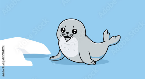 Cute smiling baby seal cartoon on an ice floe in the arctic. Adorable marine animal character vector illustration.