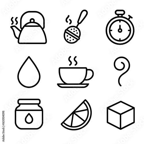 Tea Brewing Icons. Outline icon set of tea brewing process: boiling kettle, infuser, timer, tea cup, water