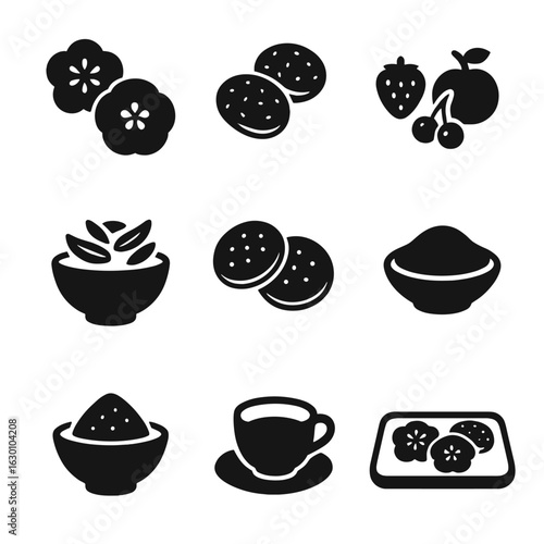 Tea Ceremony Icons. Solid, filled icons set of tea ceremony snacks and accompaniments: wagashi sweets, rice