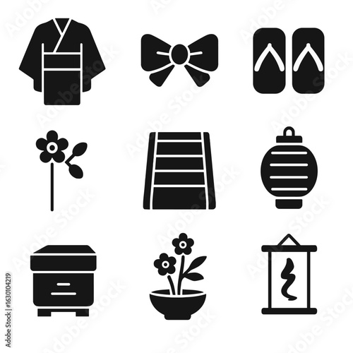 Tea Ceremony Icons. Solid, filled icons set of tea ceremony clothing and decor: kimono, obi belt, wooden