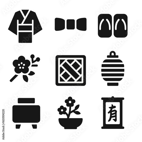 Tea Ceremony Icons. Solid, filled icons set of tea ceremony clothing and decor: kimono, obi belt, wooden