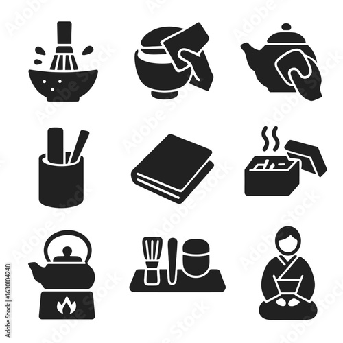 Tea Ceremony Icons. Solid, filled icons set of tea ceremony tools maintenance: tea whisk cleaning, tea bowl
