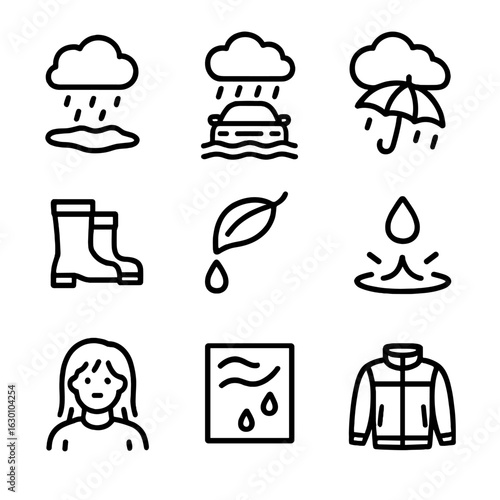 Raincloud Icon Set. Outline icon set of raincloud effects: soaked ground, flooded street, wet umbrella, rain boots, dripping leaf,