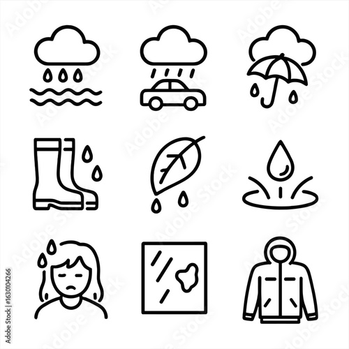Raincloud Icon Set. Outline icon set of raincloud effects: soaked ground, flooded street, wet umbrella, rain boots, dripping leaf,