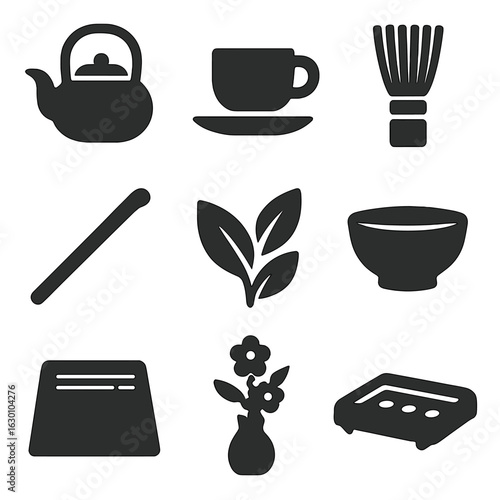 Tea Ceremony Icons. Solid, filled icons set of tea ceremonies: tea pot, tea cup, bamboo whisk, tea scoop, tea