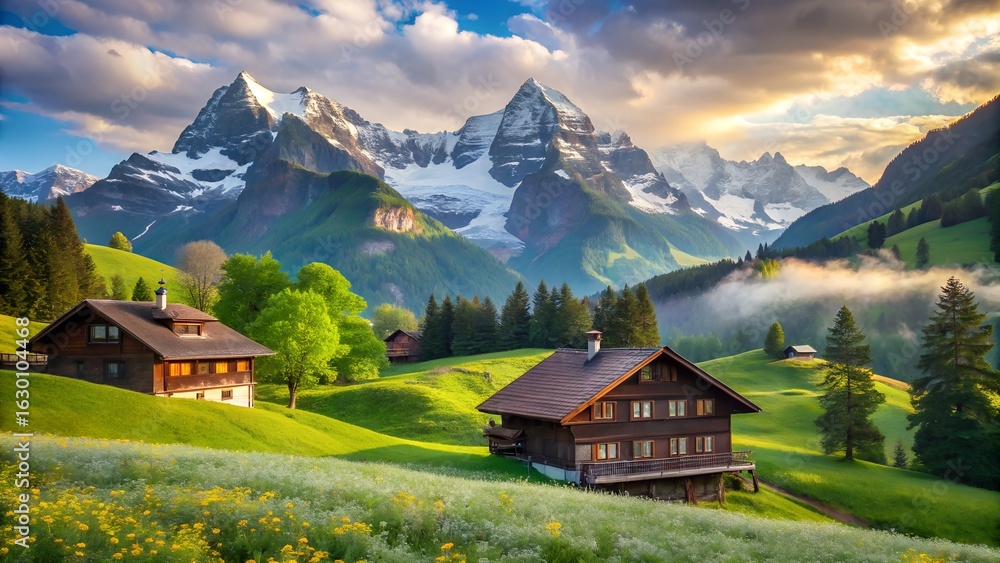 Obraz premium Picturesque swiss alps village with traditional wooden chalets nestled in green meadows at sunrise