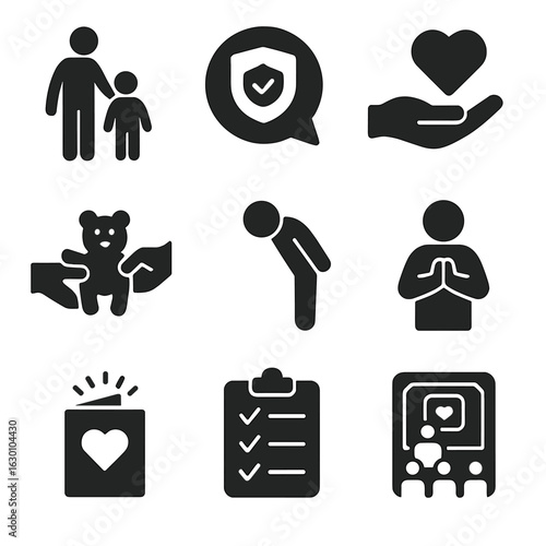 Teaching Values Icons. Solid, filled icons set of teaching values to children: parent guiding child, honesty