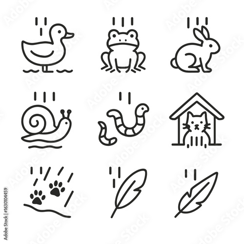 Rainy Animal Icon Set. Outline icon set of rain in animals: ducks, frogs, rabbits, snails, worms, wet fur, shelter, animal tracks