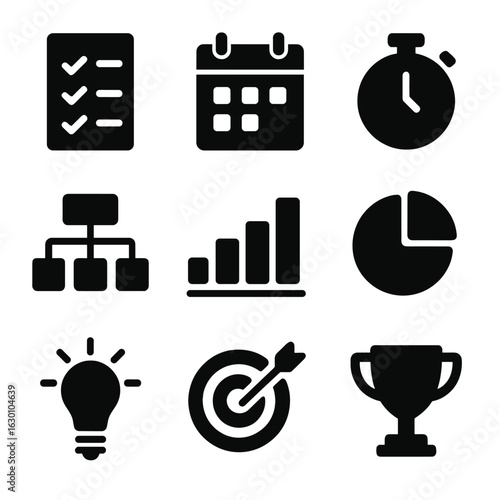Team Productivity Icons. Solid, filled icons set of team productivity: checklist, calendar, timer, project