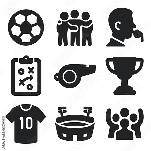 Team Sports Icon Set. Solid, filled icons set of team sports moments: soccer ball, team huddle, referee, coach
