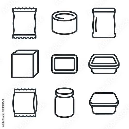 Ration Packaging Icons. Outline icon set of ration packaging: vacuum bag, metal can, plastic pouch, box, label, sealed tray, foil