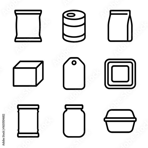 Ration Packaging Icons. Outline icon set of ration packaging: vacuum bag, metal can, plastic pouch, box, label, sealed tray, foil