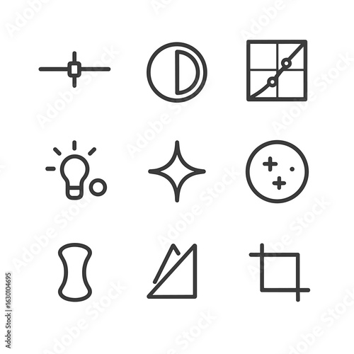 RAW Editing Icons. Outline icon set of RAW editing tools: exposure slider, contrast knob, tone curve graph, color temperature icon