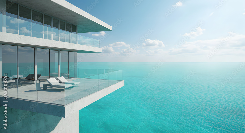 Fototapeta premium Modern oceanfront villa overlooking turquoise sea with deck chairs and glass balcony in luxury resort
