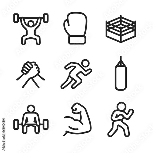 Raw Power Icons. Outline icon set of human raw power: weightlifter, boxing glove, wrestling ring, arm wrestling, sprinting athlete