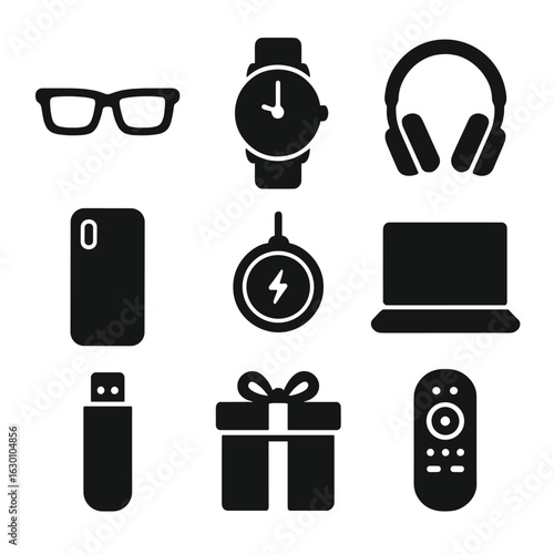 Tech Luxury Icons. Solid, filled icons set of tech luxury presents: smart glasses, luxury smartwatch, designer