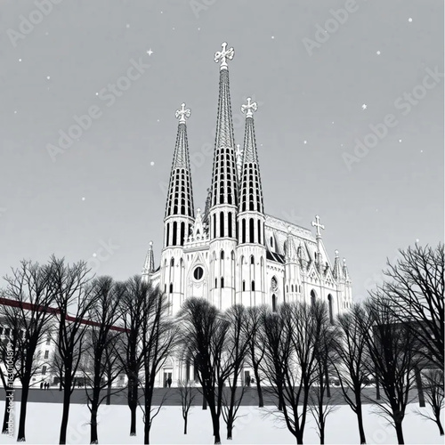 Sagrada Familia under twilight skies in Barcelona at the height of a snowy winter