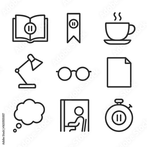 Reading Pause Icons. Outline icon set of reading pause moments: open book with pause, bookmark icon, coffee cup, reading lamp,