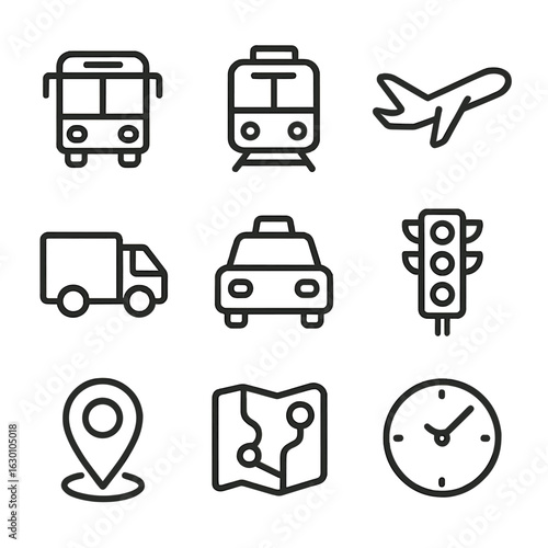 Real-Time Transport Icons. Outline icon set of real-time transport tracking: bus, train, airplane, delivery truck, taxi, traffic