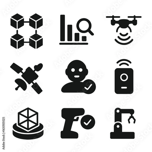 Technology Icon Grid. Solid, filled icons set of technology and innovation in sourcing: blockchain, data