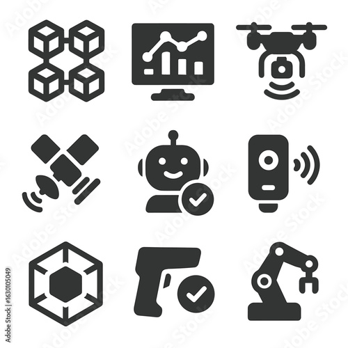 Technology Icon Grid. Solid, filled icons set of technology and innovation in sourcing: blockchain, data