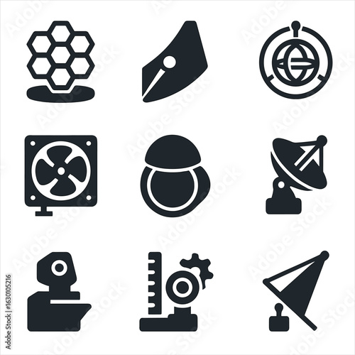 Telescope Components Icons. Solid, filled icons set of telescope components and mechanics: gold-coated mirror,